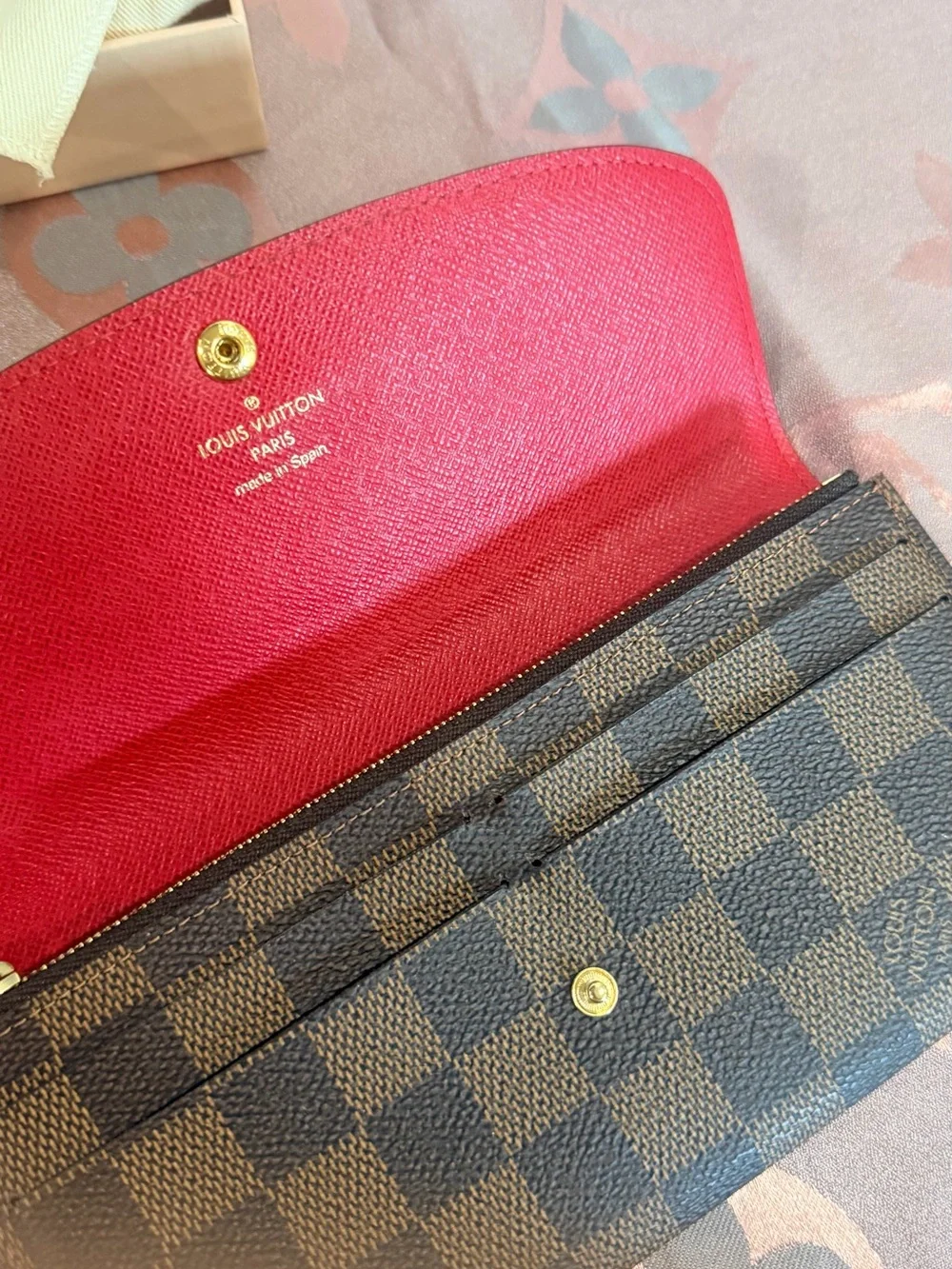 Louis Vuitton Brown & Black Damier Ebene Wallet with Red Snap